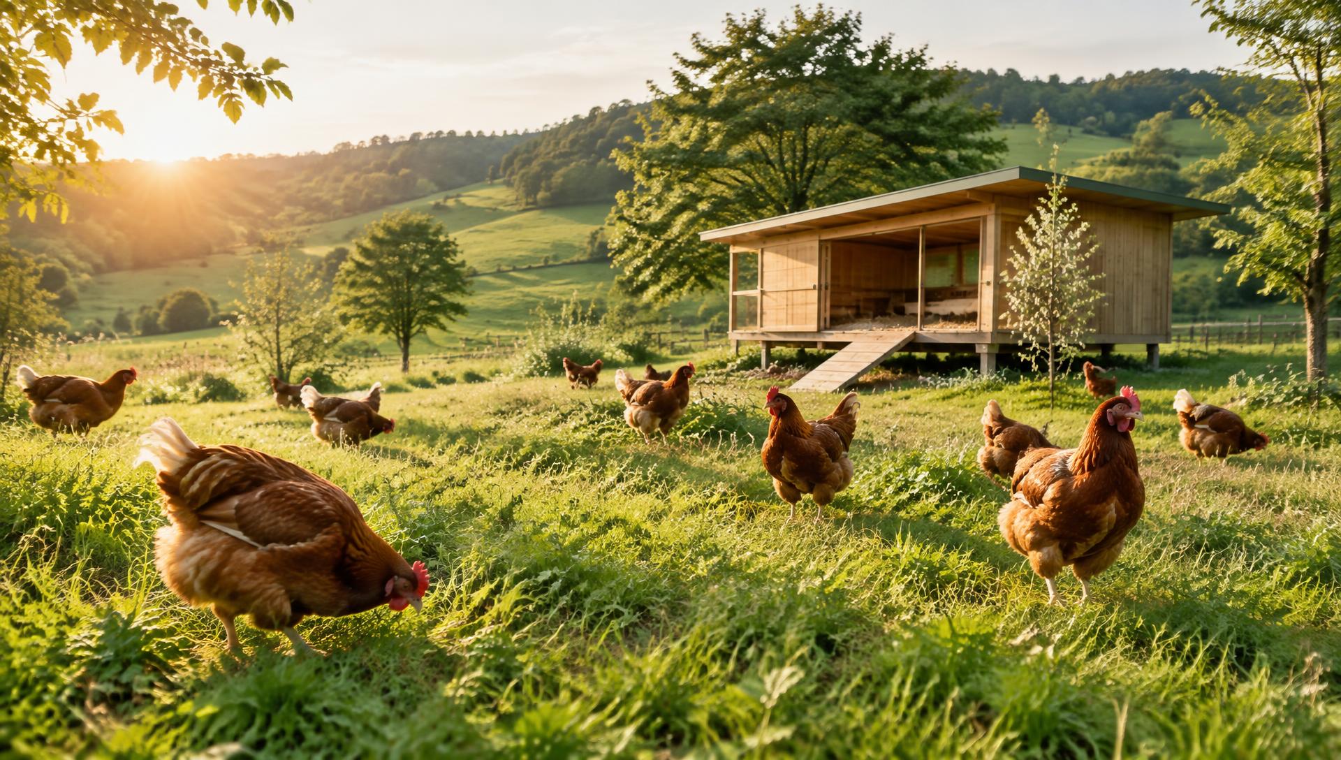 Healthy hens on green pasture next to a wooden farm shelter