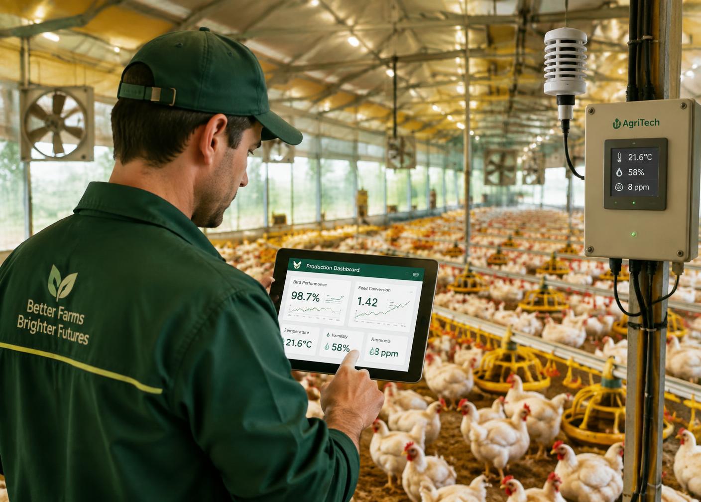 Technician reviewing a farm production dashboard