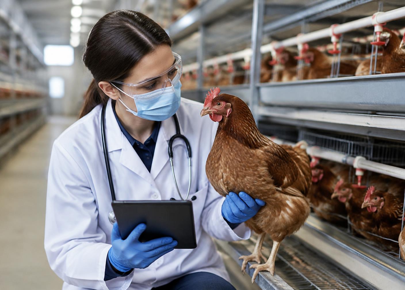 Veterinarian examining a hen in a modern farm